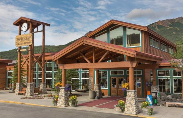 Denali state park hotels lodges Mc Kinley Chalet Resort Exterior Day Patrick J Endres www alaskaphotographics com